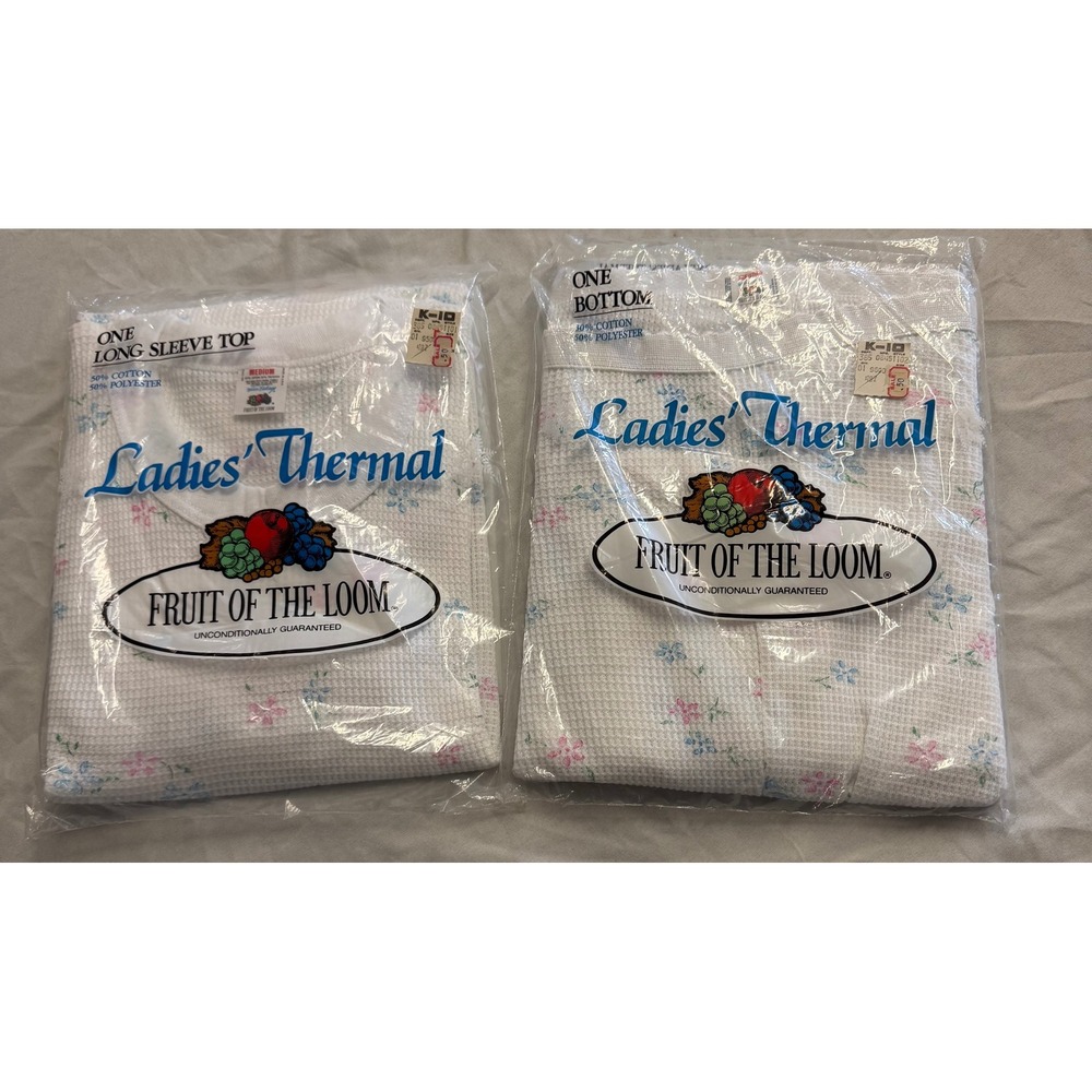 NOS‎ Vintage 80s Fruit of the Loom Thermal Set White Floral Waffle Knit Medium